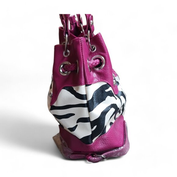 NWT Zebra Stripe Faux Leather Shoulder  Bucket Bag with Fuchsia Pink Trim - Picture 4 of 11